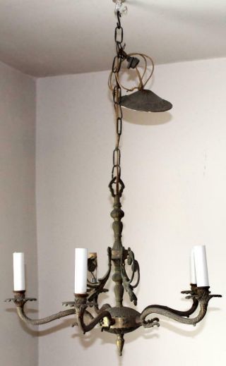 Antique Art Nouveau Metal Chandelier Ceiling Light Fixture 5 Bulbs