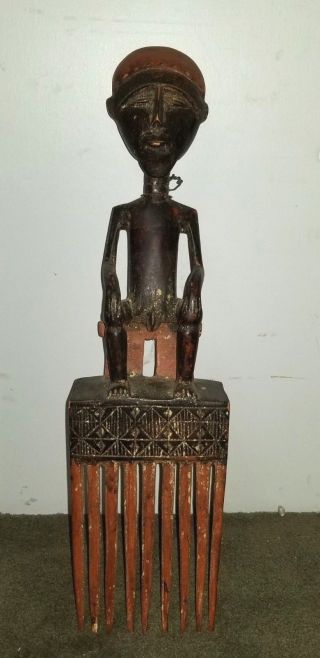 Unusual Antique Wood African Figure With Large Comb