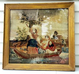 Antique Victorian Needlepoint Framed 1860s Women In A Boat