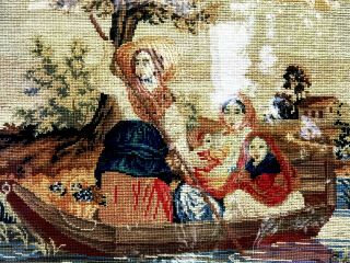 ANTIQUE VICTORIAN NEEDLEPOINT FRAMED 1860S WOMEN IN A BOAT 2