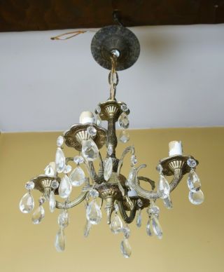 Vintage Petite Brass Crystal Prisms 4 Arm Chandelier Hanging Light Made In Spain 3