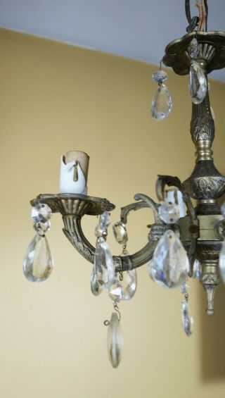 Vintage Petite Brass Crystal Prisms 4 Arm Chandelier Hanging Light Made In Spain 6