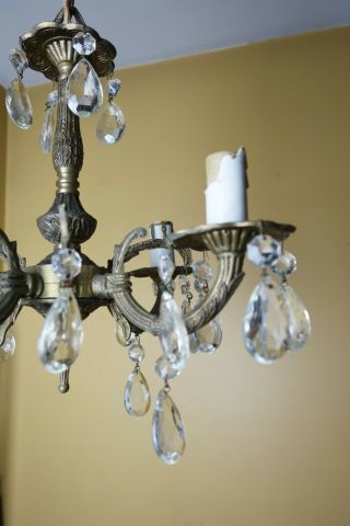 Vintage Petite Brass Crystal Prisms 4 Arm Chandelier Hanging Light Made In Spain 7