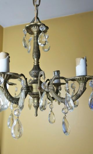 Vintage Petite Brass Crystal Prisms 4 Arm Chandelier Hanging Light Made In Spain 8