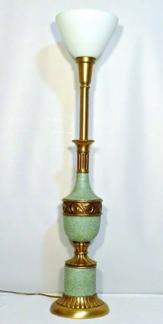 Vintage Mid Century Rembrant Green Ceramic Brass Torchiere Table Lamp 36½ " Tall