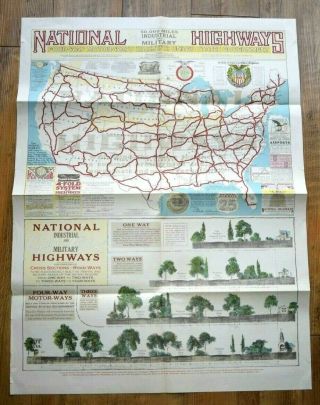 1928 U.  S.  National Industrial Military Highway Map Four - Way Motor - Ways
