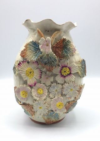 Antique Sand Vase Majolica,  Victorian Cream Wild Flowers Pottery Vase