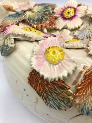 Antique Sand Vase Majolica,  Victorian Cream Wild Flowers Pottery Vase 6