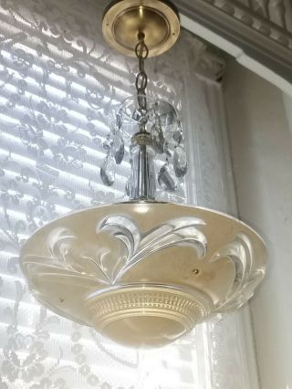 1930 ' s VINTAGE GlASS and Crystal Chandelier Light Fixture 11 inches 2