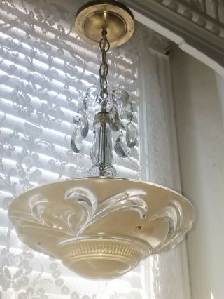 1930 ' s VINTAGE GlASS and Crystal Chandelier Light Fixture 11 inches 3