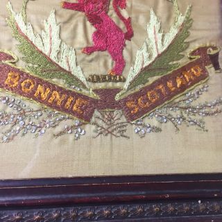 Antique Silk work Picture BONNIE SCOTLAND Frame Thistles Lion Rampant 2