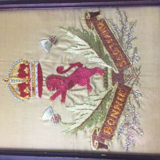 Antique Silk work Picture BONNIE SCOTLAND Frame Thistles Lion Rampant 3