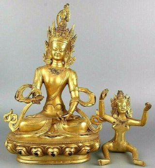 Antique Chinese Gold Gilt Buddha Statue Figures On Lotus Flower Male And Female