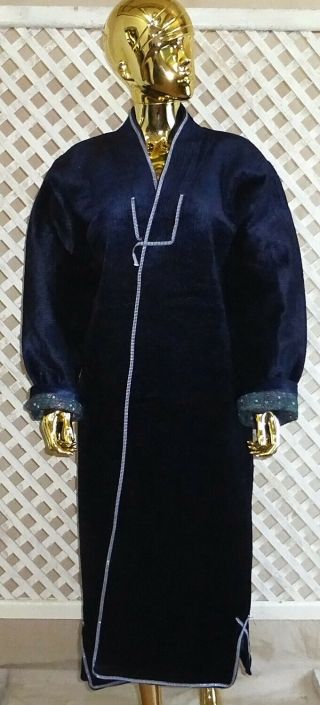 Blue Long Traditional Uzbek Silk Velvet Warmed Robe Chapan Kaftan 1639