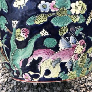 Pair CHINESE PORCELAIN FISH BOWL PLANTERS navy w/ frogs lotus birds grasshopper 10