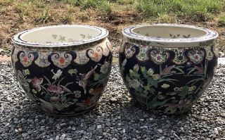 Pair Chinese Porcelain Fish Bowl Planters Navy W/ Frogs Lotus Birds Grasshopper