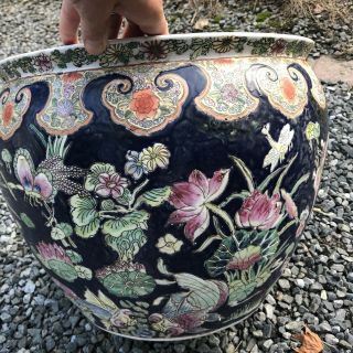 Pair CHINESE PORCELAIN FISH BOWL PLANTERS navy w/ frogs lotus birds grasshopper 8