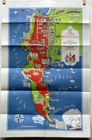 1939 Pictorial Map Cape Town Cape Peninsula South African Railways Harbours Rare