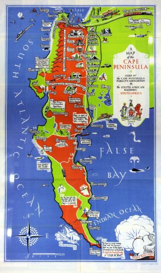 1939 Pictorial Map Cape Town Cape Peninsula South African Railways Harbours Rare 7