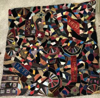 Antique 1890 Crazy Quilt Velvet Satin Silk Peoria Signed Campbell Dated