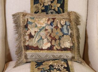 17th Century Flemish Verdure Tapestry Cushion Flowers Metallic Passementerie
