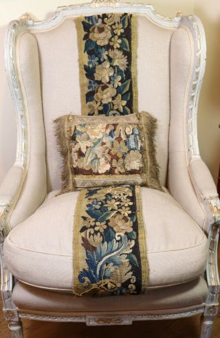 17th Century Flemish Verdure Tapestry Cushion Flowers Metallic Passementerie 2