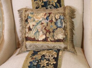 17th Century Flemish Verdure Tapestry Cushion Flowers Metallic Passementerie 3