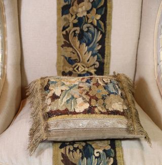 17th Century Flemish Verdure Tapestry Cushion Flowers Metallic Passementerie 4