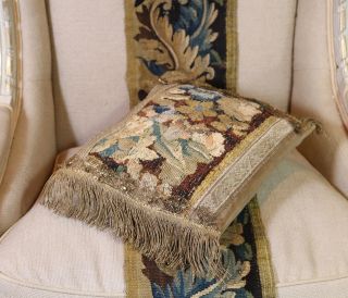 17th Century Flemish Verdure Tapestry Cushion Flowers Metallic Passementerie 5