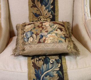 17th Century Flemish Verdure Tapestry Cushion Flowers Metallic Passementerie 6
