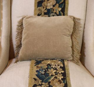 17th Century Flemish Verdure Tapestry Cushion Flowers Metallic Passementerie 7