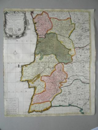 Portugal Algarve Lisbon Spain Peninsula Pieter Schenck Colored Copper Map - 1703