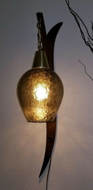 Mid Century Danish Style Sculptural Walnut Glass Hanging Pendant Wall Light Lamp