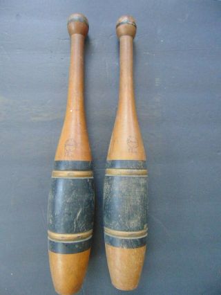 Pair Antique Wright & Ditson Indian Clubs - Juggling Pins - Wooden Excercise Cl