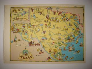 Antique 1838 Texas Our Usa A Gay Geography Cartoon Pictorial Map Dallas Nr