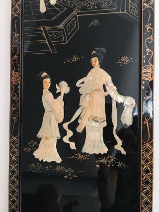 Vintage Asian 4 Panel hand made mother of pearl black laquer geisha 10