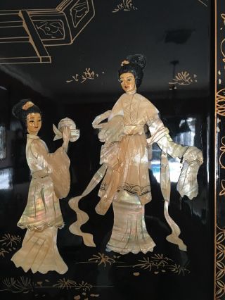 Vintage Asian 4 Panel hand made mother of pearl black laquer geisha 3