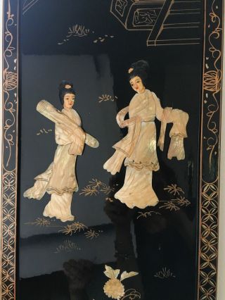Vintage Asian 4 Panel hand made mother of pearl black laquer geisha 5
