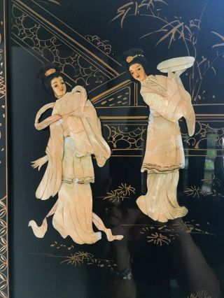 Vintage Asian 4 Panel hand made mother of pearl black laquer geisha 7