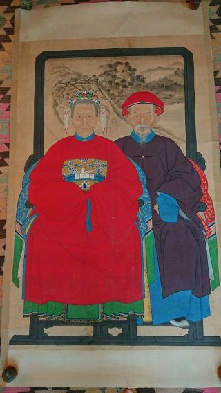 Antique Chinese Ancestor Portrait Painting,  Ancestor Scroll
