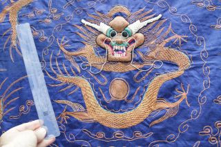 Antique Chinese 19thC Silk Embroidered Panel Dragon Blue Ground Gold Thread LARG 10