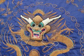 Antique Chinese 19thC Silk Embroidered Panel Dragon Blue Ground Gold Thread LARG 2