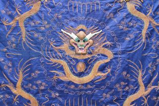 Antique Chinese 19thC Silk Embroidered Panel Dragon Blue Ground Gold Thread LARG 3