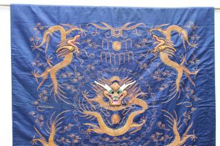 Antique Chinese 19thC Silk Embroidered Panel Dragon Blue Ground Gold Thread LARG 4