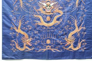 Antique Chinese 19thC Silk Embroidered Panel Dragon Blue Ground Gold Thread LARG 5