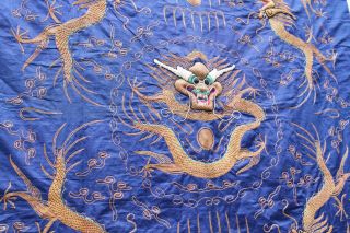 Antique Chinese 19thC Silk Embroidered Panel Dragon Blue Ground Gold Thread LARG 6