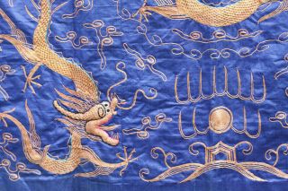 Antique Chinese 19thC Silk Embroidered Panel Dragon Blue Ground Gold Thread LARG 7
