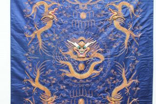 Antique Chinese 19thC Silk Embroidered Panel Dragon Blue Ground Gold Thread LARG 9