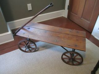 Antique Vintage Wooden Wagon Cart With Wooden Spoked Wheels And Iron Tires