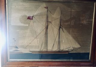 English Rmn Schooner 19th C Woolwork Long Stitch 24x18 Inch America’s Cup Style